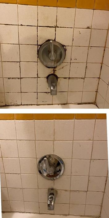 a reviewer's before-and-after photo showing moldy grout at the top and a sparkling clean shower at the bottom