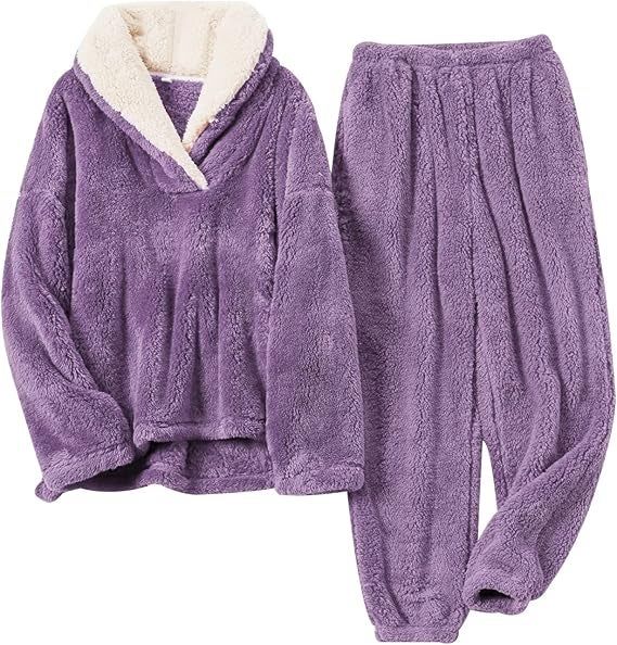 A cozy purple loungewear set featuring a long-sleeve hoodie and matching pants, perfect for relaxing at home