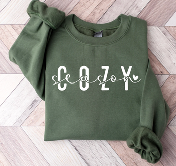 A green sweatshirt featuring the text