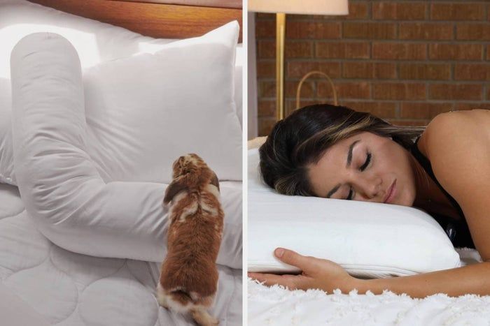 Left: A small animal resting on a bed with a large U-shaped pillow. Right: A woman peacefully asleep on a soft, supportive pillow in a cozy bedroom.