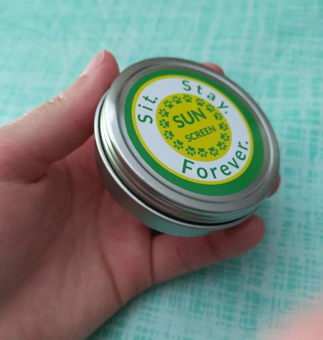 A hand holding a small tin of sunscreen, clearly labeled 'Sit. Stay. Forever. SUN SCREEN,' placed on a patterned surface.
