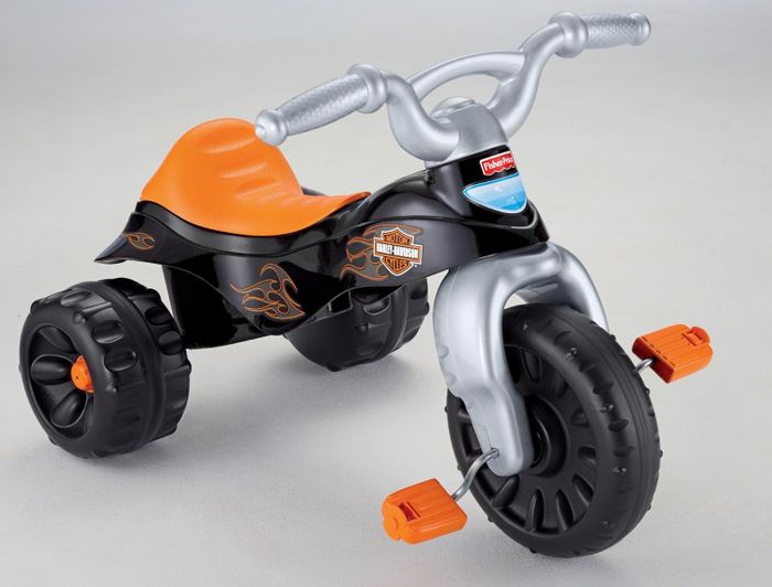 Fisher-Price Harley-Davidson Tough Trike for kids, featuring durable tires and large foot pedals for easy riding