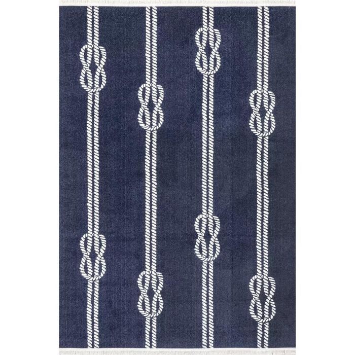 A blue rug featuring a white nautical knot design