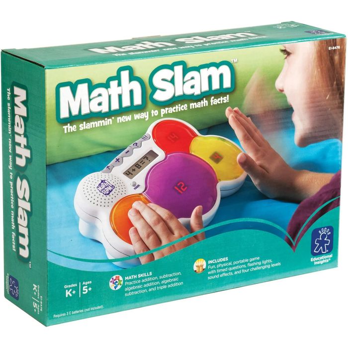 Math Slam educational toy box with a child interacting with the device, designed for children ages 5+ to practice math skills through engaging, hands-on play