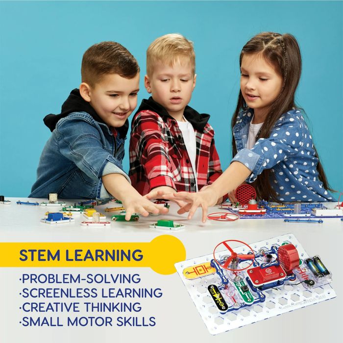Three children engaging with a STEM learning toy. Text highlights skills developed: problem-solving, screen-free learning, creative thinking, and fine motor skills