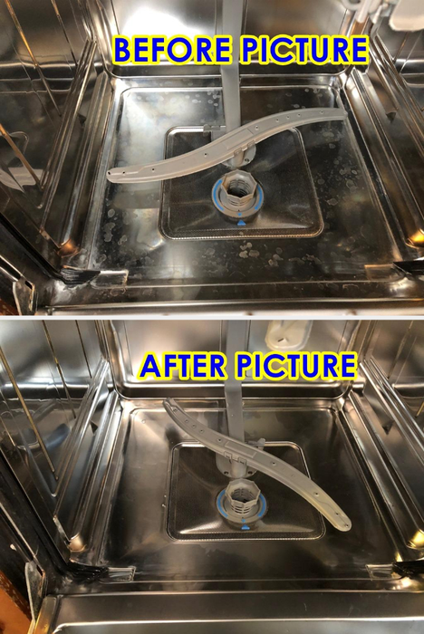 Before and after photos of a dirty-looking dishwasher that has been cleaned using one of the tablets