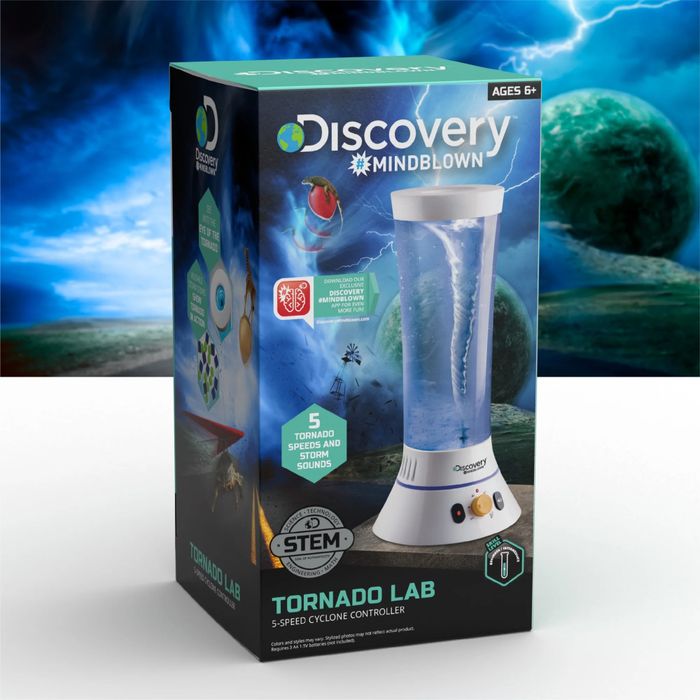 Discovery Tornado Lab toy box featuring a swirling vortex illustration, emphasizing STEM learning. Designed for kids aged 6 and up