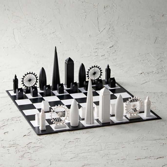 A chess set featuring iconic buildings from London.