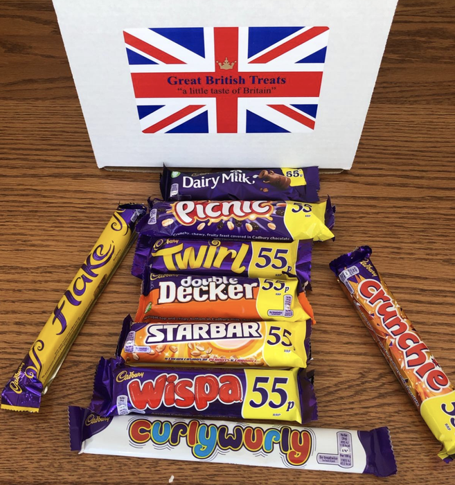 a white box adorned with the British flag, containing ten full-sized chocolate bars