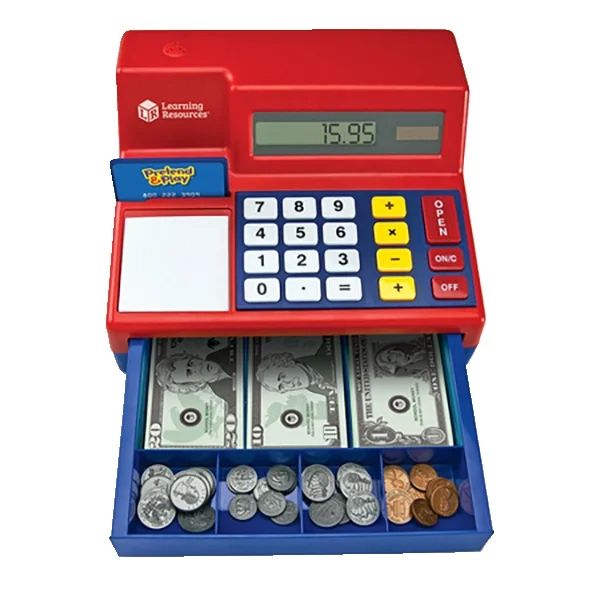 A toy cash register complete with play money, coins, a calculator, and a receipt pad. The display shows 15.95. Perfect for educational role-playing during shopping activities