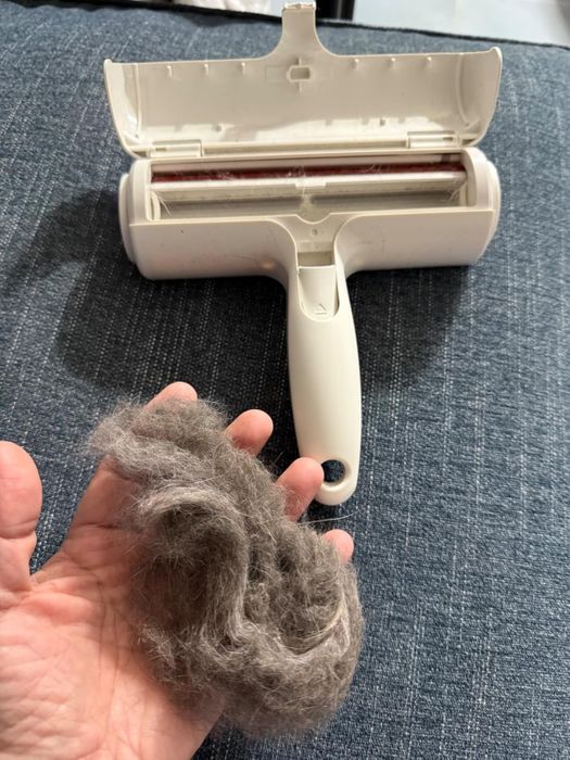 A hand holding a clump of pet hair alongside a ChomChom remover.