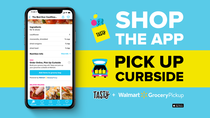 Order from the Tasty app and enjoy the convenience of curbside pickup with Walmart Grocery Pickup. Includes a screenshot of the app featuring a cauliflower bites recipe.