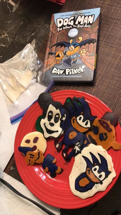 colorful pancakes shaped into characters like Sonic, Mickey, and Dog Man