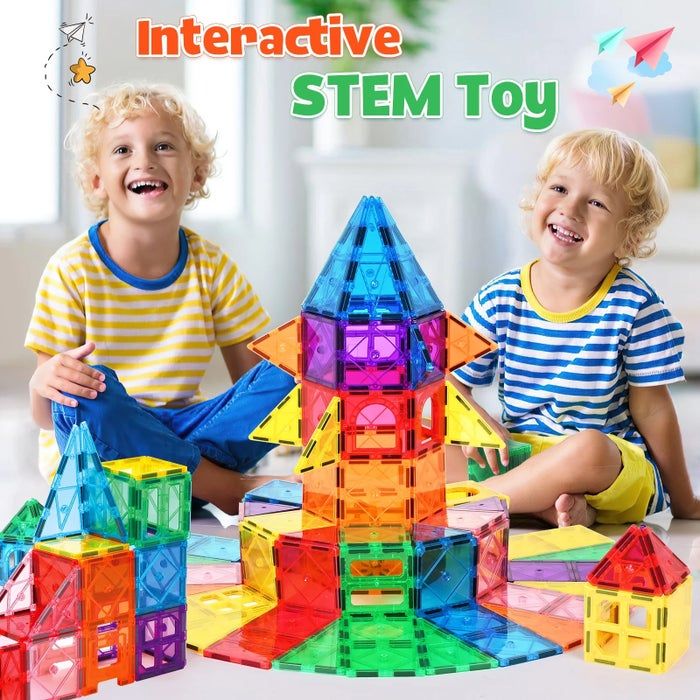 Two children in striped shirts play with a vibrant, interactive STEM toy set, constructing various geometric shapes. The text reads: 