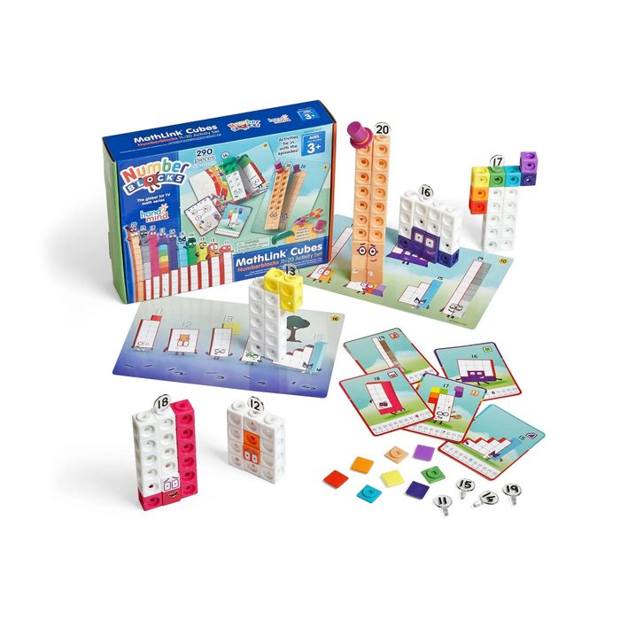 A Numberblocks MathLink Cubes set, featuring cubes, number cards, and instructions. This set helps children grasp math concepts using the popular Numberblocks characters
