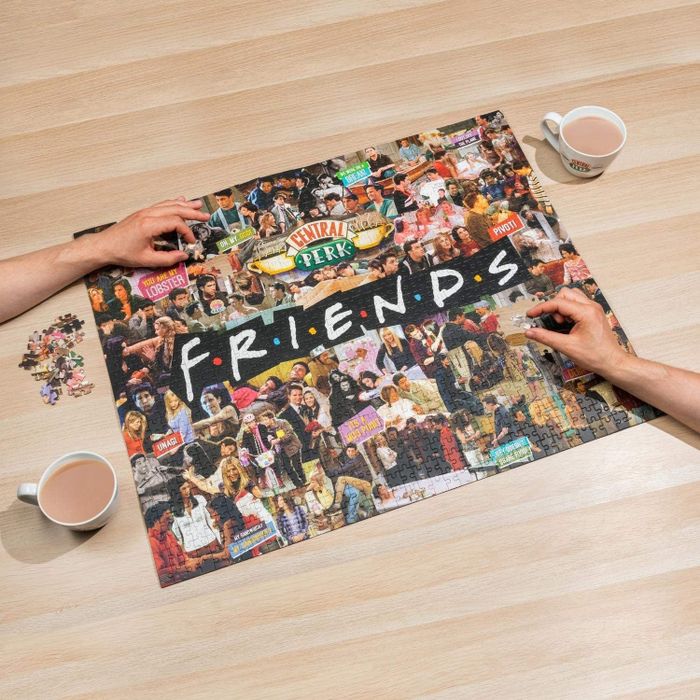 a puzzle featuring the word 'Friends' alongside a collage of iconic scenes from the show
