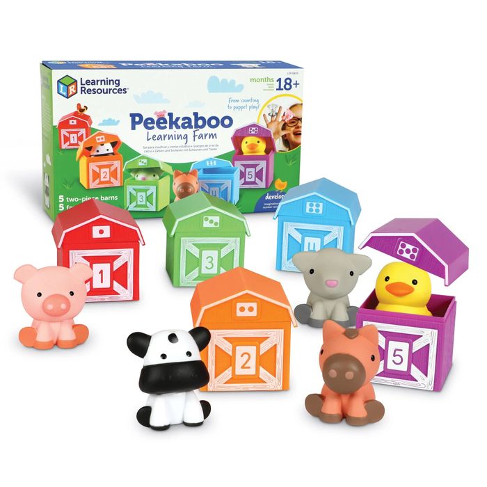 A toy set featuring five animal figures and barns from Learning Resources, Peekaboo Learning Farm, perfect for children 18 months and older.