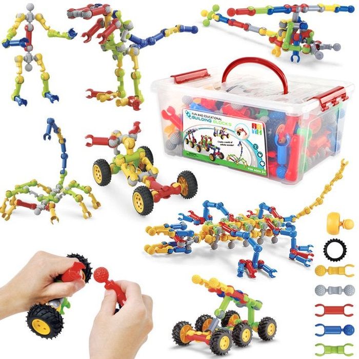 STEM-focused building toy set for kids, featuring a range of assembled models like animals, vehicles, and robots, with a child actively putting one together