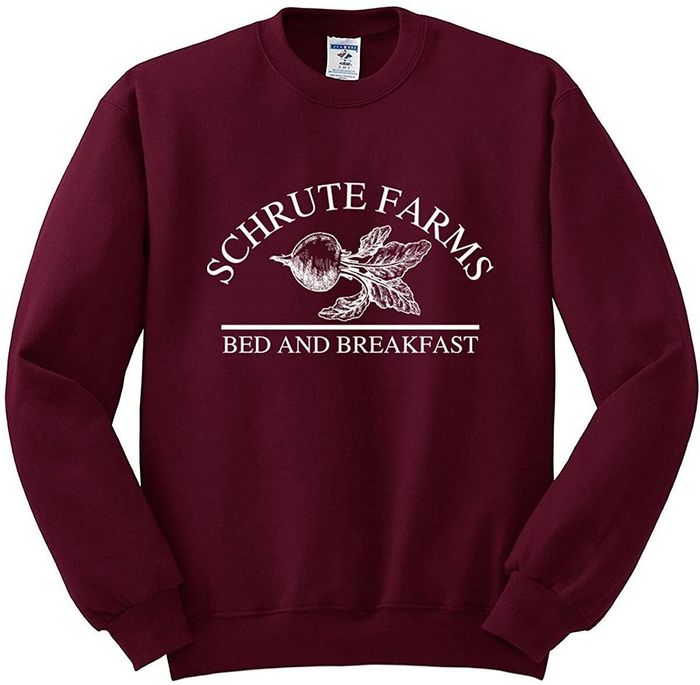 a crewneck sweatshirt featuring the words 'Shrute Farms' and a beet design