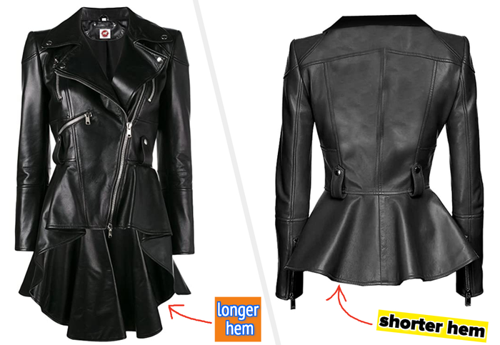 Two images showcasing both variations of the black leather jackets.