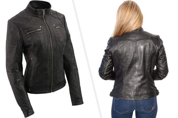 Two photos showcasing the black leather jacket.
