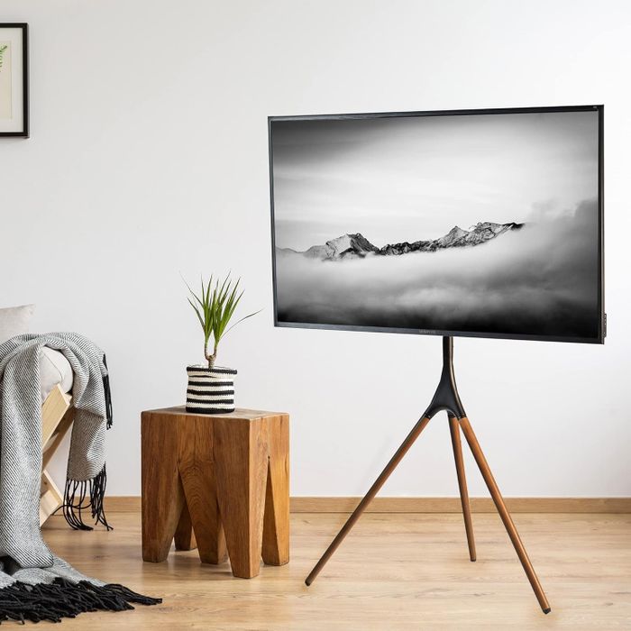 A modern TV on a tripod stand, placed next to a wooden stool and a potted plant in a stylish living room.