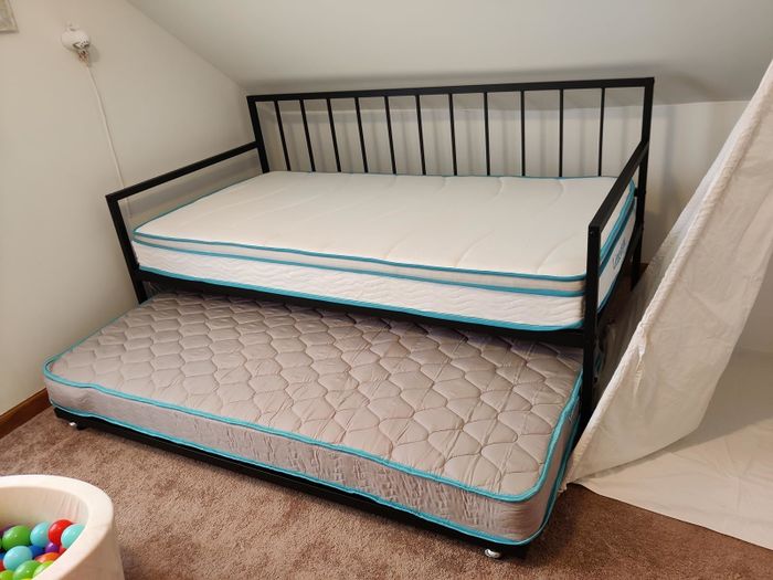 A daybed with a pull-out trundle, placed in a cozy room environment, offers both comfort and convenience.