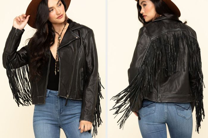 Two images of a model wearing the black jacket.