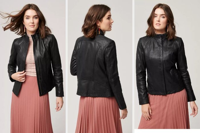 Three photos of a model wearing the black leather jacket.
