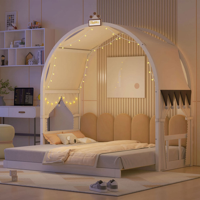 A chic children's bed with a canopy, cozy pillows, and string lights, set within a modern room that also includes decorative wall art and shelving for added style.