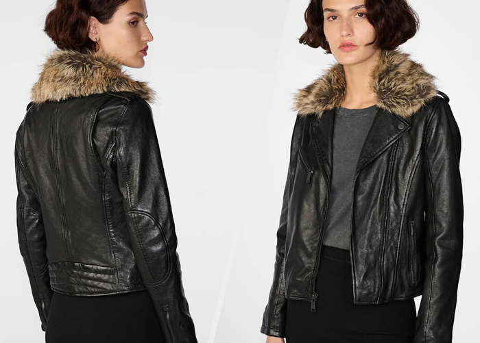 Two photos of a model wearing the black leather jacket.