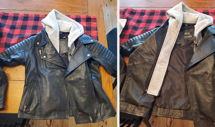 Two images of reviewers wearing the black leather jacket.