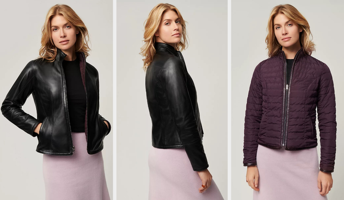 Here are three images of a model wearing the reversible leather jacket.