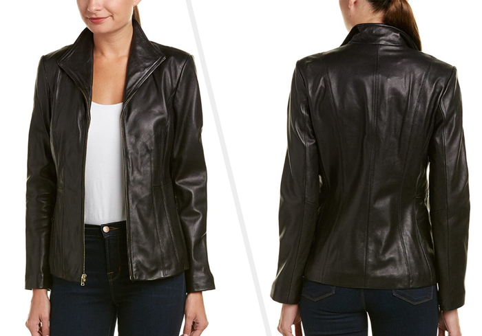 Two images of a model wearing the black leather jacket.