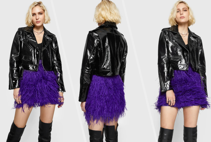 Three images of a model showcasing the black jacket.