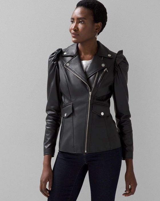A photo of a model showcasing the black leather jacket