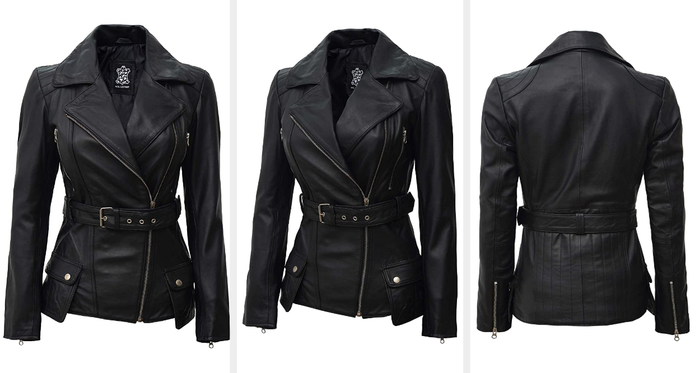 Three pictures of the black leather jacket.