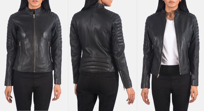 Three photos of a model wearing the black leather jacket.