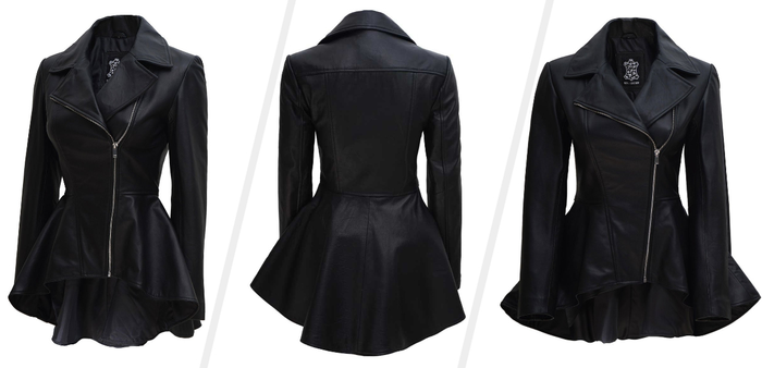 Three images showcasing the black peplum jacket