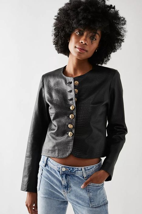 Here is an image of a model wearing the black croc jacket.