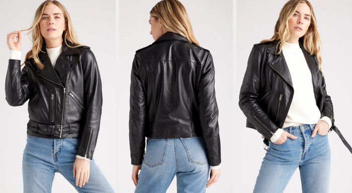 Three photos of a model wearing the black leather jacket.