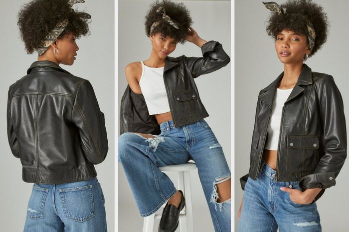 Three photos of a model showcasing the black leather jacket.