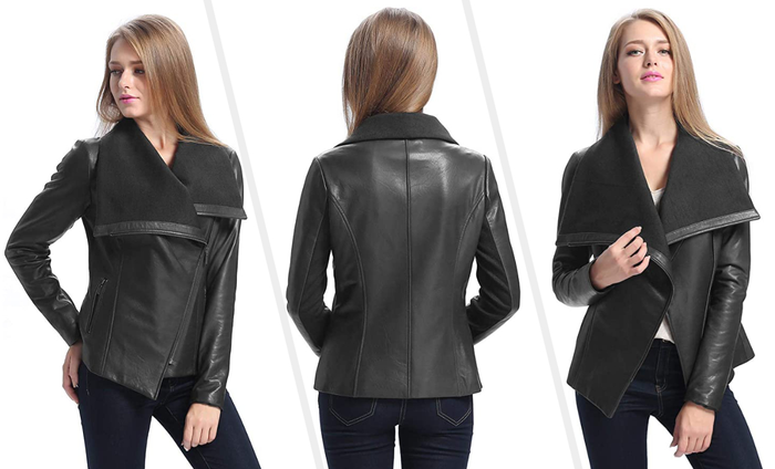 Here are three photos of a model showcasing the black jacket.