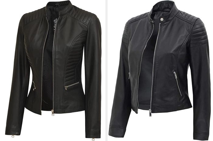 Here are two images showcasing the different styles of the black leather jacket.