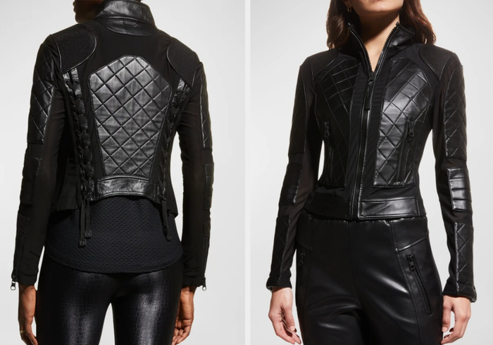 Two images of models donning the leather jackets.