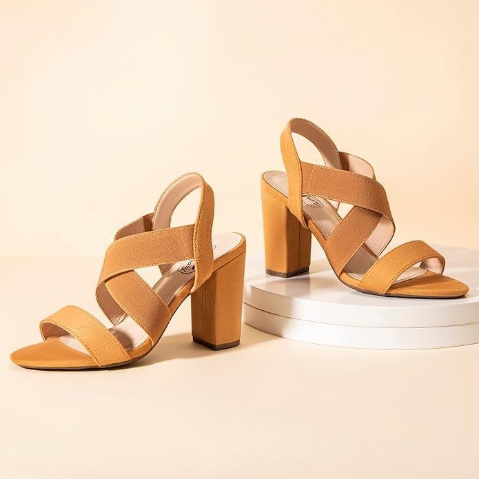 tan strappy sandals with a thick heel
