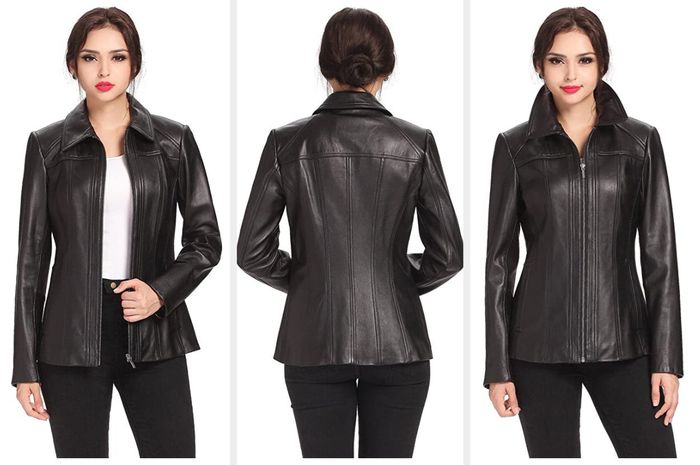 Three images of a model wearing the jacket.