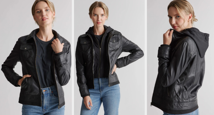 Three photos showcasing a model wearing the black leather jacket.
