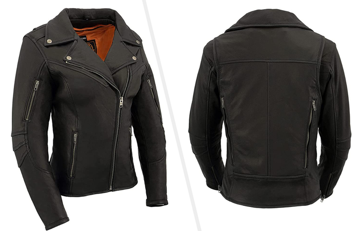 Two images of the black leather jacket.