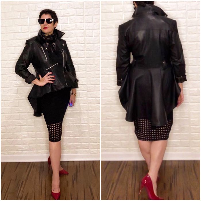 Two photos of a reviewer wearing the black leather jacket.
